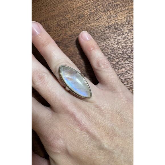 Sterling Silver Chunky Natural Rainbow Moonstone Ring Size 4.75 - Picture 9 of 11